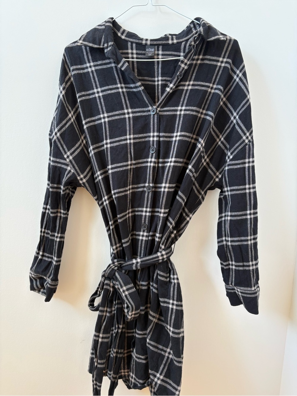 Black Plaid Long-Sleeve Shirt Dress with Tie Waist